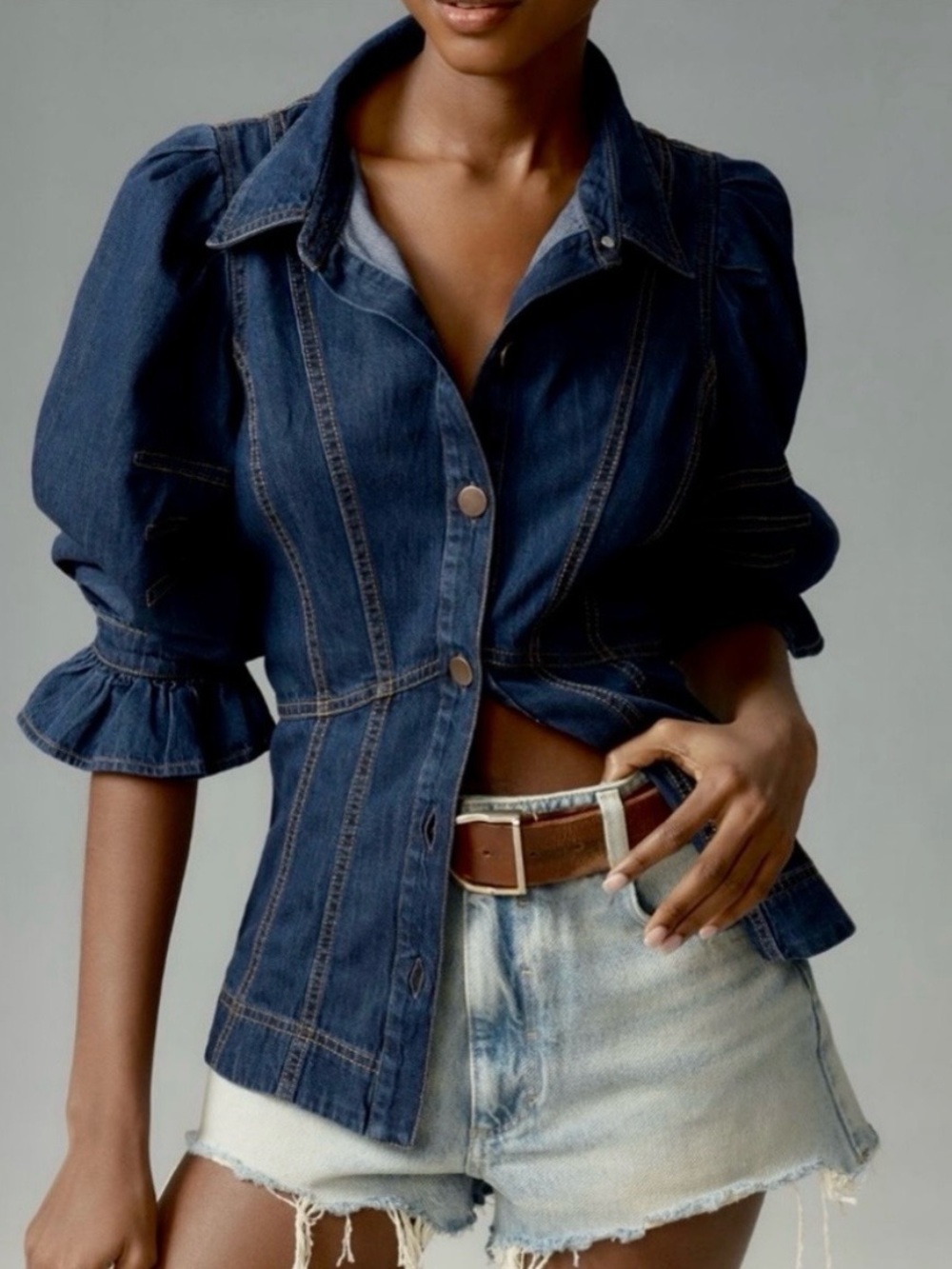 Anthropologie Puff Sleeve Denim Button-Down Shirt - Picture 2 of 6